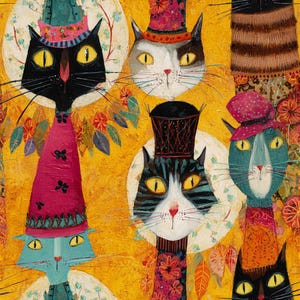 Peut inclure: Une peinture vibrante représentant plusieurs chats stylisés aux grands yeux jaunes, portant des chapeaux colorés et des colliers à motifs sur un fond jaune doré texturé. Les chats sont représentés en noir, blanc et bleu.