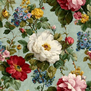 May include: A seamless pattern featuring large white, red, and pink peonies, clusters of small blue flowers, and yellow blossoms set against a light sage green background. The design includes detailed green leaves and stems throughout the composition.