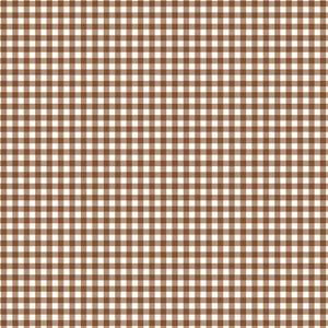 Op de afbeelding: Een herhalend patroon van kleine, uniforme vierkantjes in een klassieke vichy-ruitstijl. Het ontwerp bestaat uit afwisselend bruine en witte vierkantjes die in een precies, symmetrisch raster over het hele beeld zijn gerangschikt.