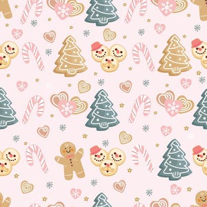 May include: A repeating pattern on a light pink background featuring gingerbread men, blue Christmas trees, pink and white candy canes, snowman faces with pink hats, and heart-shaped cookies decorated with white snowflakes and small gold stars.