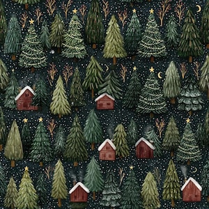 Peut inclure: Un motif de tissu bleu marine foncé présentant une scène de forêt hivernale répétitive avec divers sapins verts, de petites cabanes rouges aux toits enneigés blancs, des étoiles dorées, des croissants de lune et des points blancs représentant la neige.
