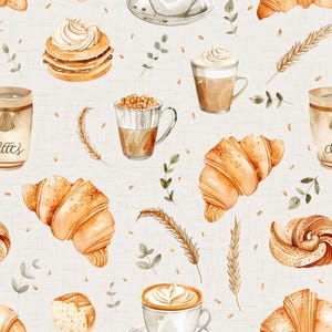 May include: A seamless pattern featuring watercolor illustrations of golden brown croissants, stacked pancakes with whipped cream, various coffee drinks in mugs, and stalks of wheat on a light beige background with a subtle grid texture.