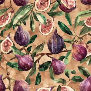 Peut inclure: Un motif répétitif composé d'illustrations à l'aquarelle de figues entières et coupées en deux, accompagnées de feuilles vertes et de tiges brunes. Le fond est un lavis brun clair texturé. Les figues présentent des peaux violettes.