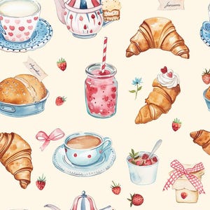 May include: A repeating pattern of watercolor illustrations featuring teacups with heart motifs, teapots, golden-brown croissants, a glass jar with a red smoothie and striped straw, small bowls of berries, and jars decorated with red checkered ribbons.