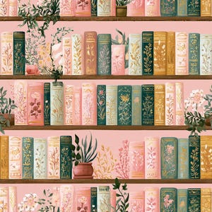 May include: A repeating pattern of bookshelves featuring rows of books with floral and botanical gold-leaf designs in shades of pink, green, and cream. Interspersed among the books are potted plants and leafy vines on a solid pink background.