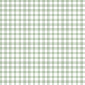 May include: A repeating gingham pattern featuring a grid of soft sage green and white squares. The design consists of intersecting horizontal and vertical lines of equal width, creating a uniform, balanced, and classic checkered textile print.