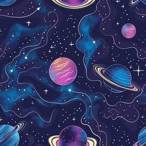Könnte beinhalten: Ein nahtloses Muster mit einem tief dunkelblauen Weltraumhintergrund, wirbelnden hellblauen Nebeln, verstreuten weißen Sternen und verschiedenen Planeten. Das Design zeigt ringförmige Planeten in Blau- und Violetttönen sowie kugelförmige Planeten.
