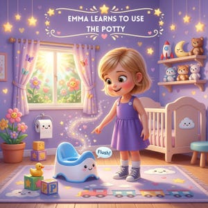 May include: A digital illustration titled EMMA LEARNS TO USE THE POTTY featuring a child in a purple dress pointing at a blue and white potty with a face. The room includes a crib, shelves with plush toys, a rug with a train, and wall decor.
