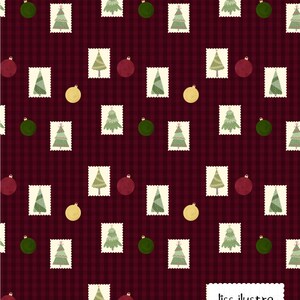 May include: A dark red and black buffalo plaid fabric pattern featuring repeating illustrations of green Christmas trees inside white postage stamp frames, interspersed with solid red, green, and gold circular ornaments.