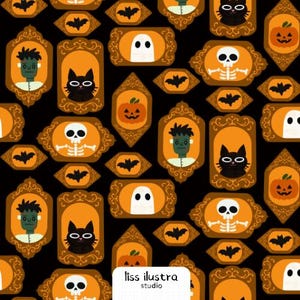 Pode incluir: Um padrão de tecido preto com retratos repetidos em molduras laranja de um monstro verde, um gato preto, um fantasma branco, um esqueleto e uma abóbora, intercalados com pequenos morcegos pretos. O texto liss ilustra studio é visível.