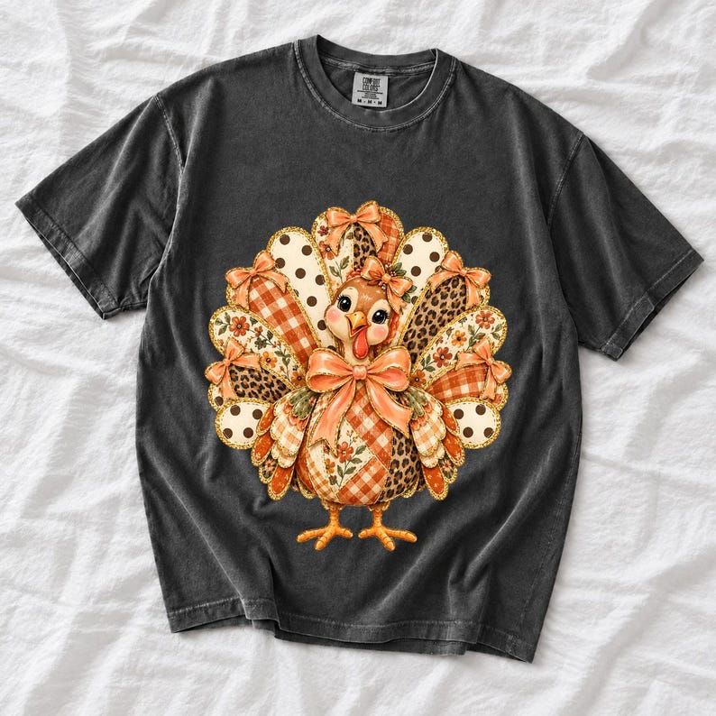 Turkey with patchwork fabric tail feathers decorated with bows on a cream and polka-dot stripe background