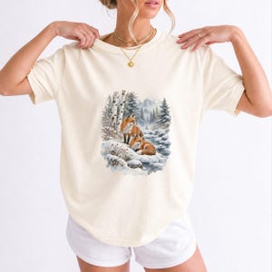 Comfort Colors Winter Fox Shirt, Watercolor Red Fox Tee, Snowy Forest Fox T-shirt, Fox Lover Nature Shirt Gift, Birch Forest Fox Tee