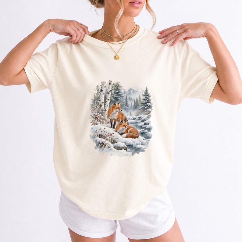 Comfort Colors Winter Fox Shirt, Watercolor Red Fox Tee, Snowy Forest Fox T-shirt, Fox Lover Nature Shirt Gift, Birch Forest Fox Tee