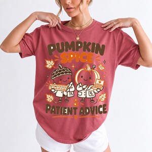 Acorn and pumpkin characters in pharmacist coats holding pill organizers, text Pumpkin Spice & Patient Advice