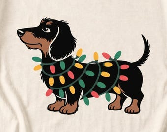 Comfort Colors Dachshund Christmas Lights Shirt, Funny Doxie Christmas Tee, Wiener Dog Christmas T-shirt, Dachshund Mom Holiday Shirt