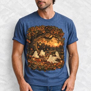 Vintage oil painting of sheet ghosts having a picnic under oak trees with falling autumn leaves at golden hour