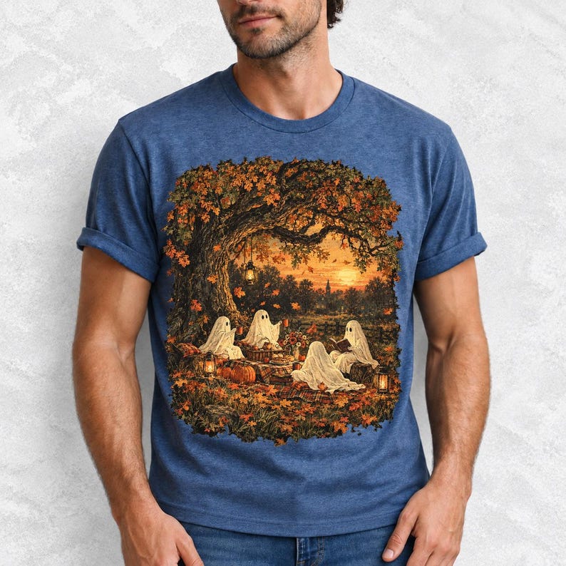 Vintage oil painting of sheet ghosts having a picnic under oak trees with falling autumn leaves at golden hour