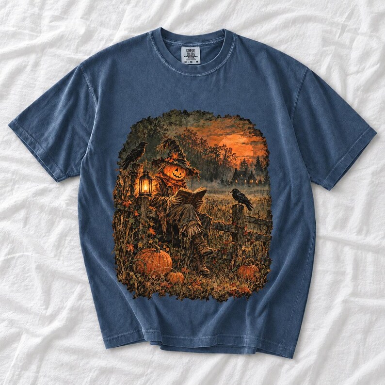 Vintage oil painting of a pumpkin-headed scarecrow reading by lantern in a misty field at dusk with crows on a fence