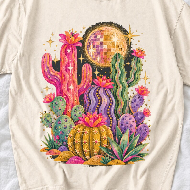 Retro 70s psychedelic glitter cacti with a disco ball moon in pink, mustard, violet and mint