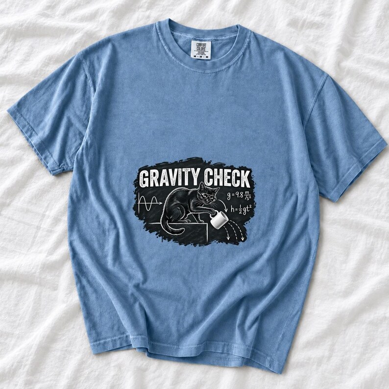 Gravity Check Black Cat Physics Comfort Colors Shirt product mockup, image 9