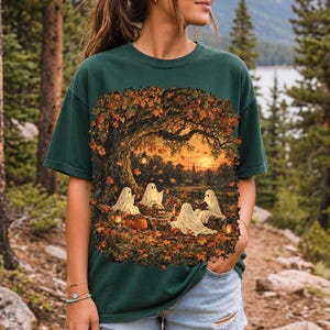 Vintage oil painting of sheet ghosts having a picnic under oak trees with falling autumn leaves at golden hour