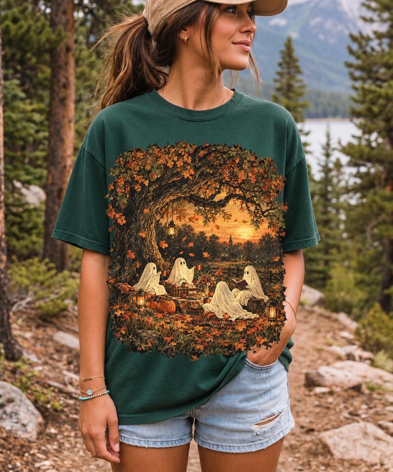 Vintage oil painting of sheet ghosts having a picnic under oak trees with falling autumn leaves at golden hour