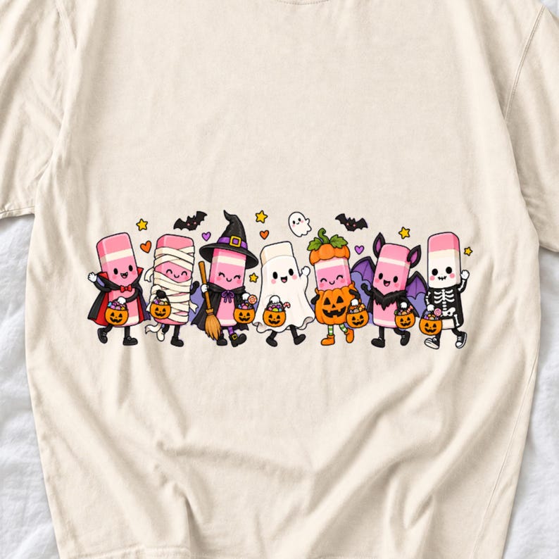 Seven cute erasers with faces in Halloween costumes holding candy buckets, flat crayon colors