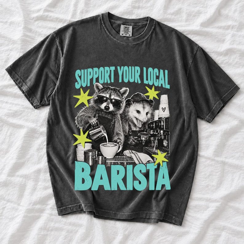 Raccoon and opossum behind an espresso machine, zine collage, text "Support Your Local Barista"