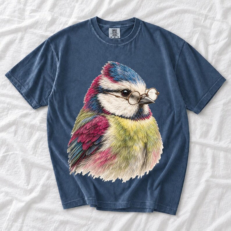 Colored-pencil blue tit bird wearing tiny round reading glasses, funny birdwatcher t-shirt illustration