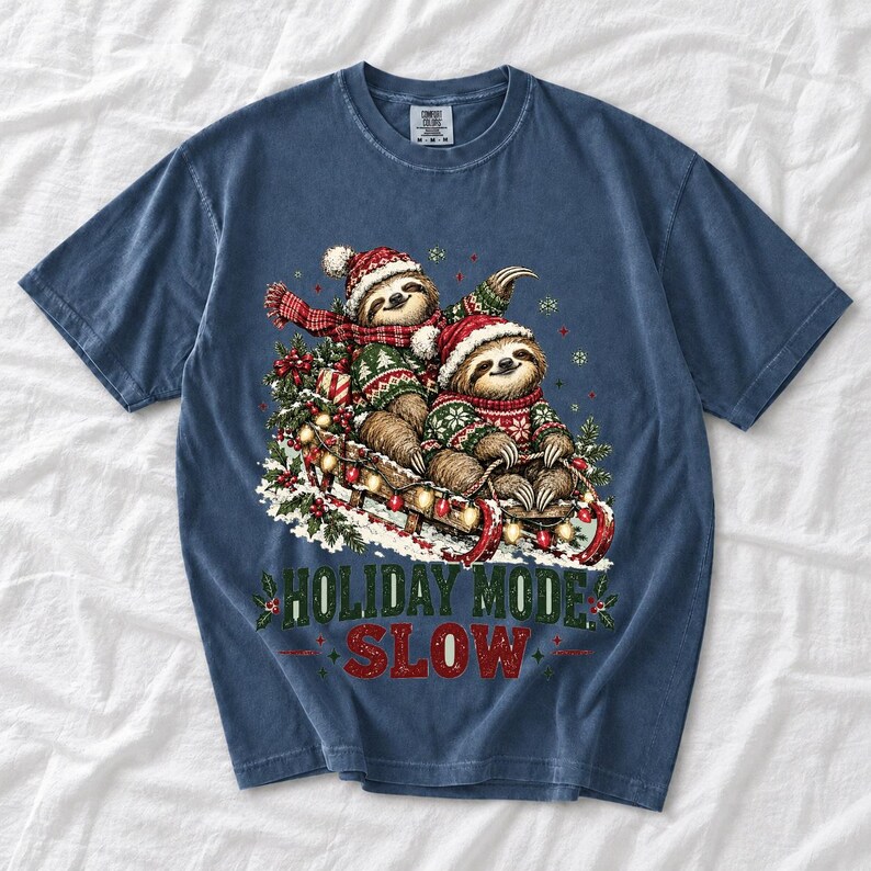 Two sloths in ugly sweaters riding a sled with lights and the text Holiday Mode: Slow