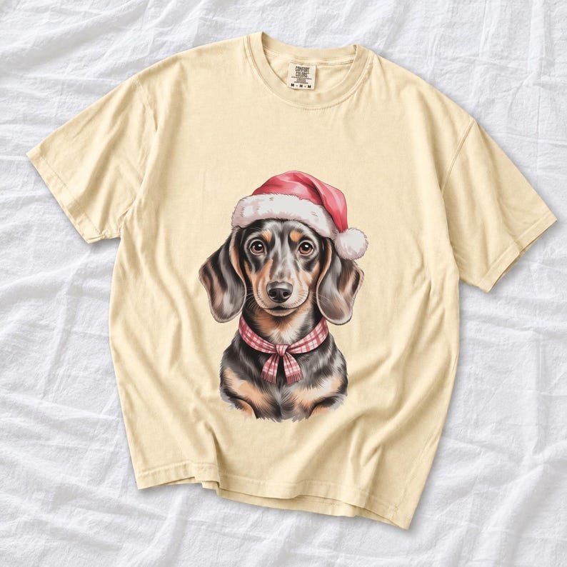 Comfort Colors Dachshund Santa Hat Shirt, Watercolor Doxie Christmas Tee, Dachshund Christmas T-shirt, Doxie Mom Holiday Shirt