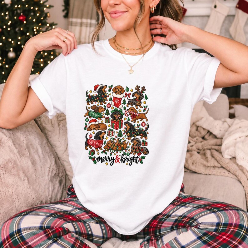 Comfort Colors Merry and Bright Dachshund Shirt, Christmas Doxie Tee, Cute Wiener Dog Christmas T-shirt, Dachshund Mom Holiday Shirt