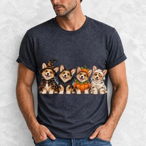 Realistic illustration of four corgi puppies in wizard, bat, pumpkin and mummy costumes in a row