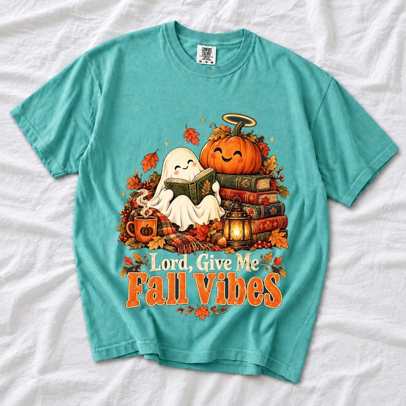 Smiling pumpkin with a halo beside a stack of books and a lantern, text "Lord, Give Me Fall Vibes", retro fall illustration