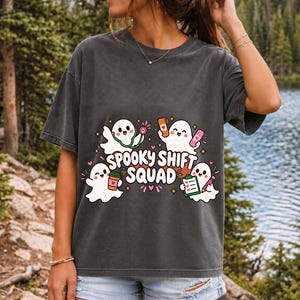 Four kawaii ghosts with stethoscope, bandages, coffee and clipboard, text Spooky Shift Squad