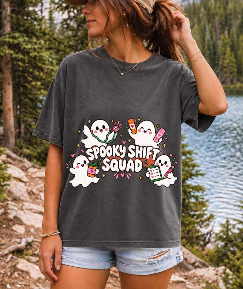 Four kawaii ghosts with stethoscope, bandages, coffee and clipboard, text Spooky Shift Squad