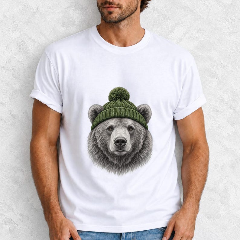 Comfort Colors Bear Beanie Shirt, Sketch Bear Winter Tee, Grizzly Bear Green Beanie T-shirt, Cabin Bear Lover Shirt Gift, Bear Tee
