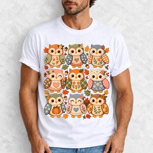 Grid of chubby owls with quilted patchwork wings, acorns and leaves in pumpkin, sage and dusty blue autumn colors
