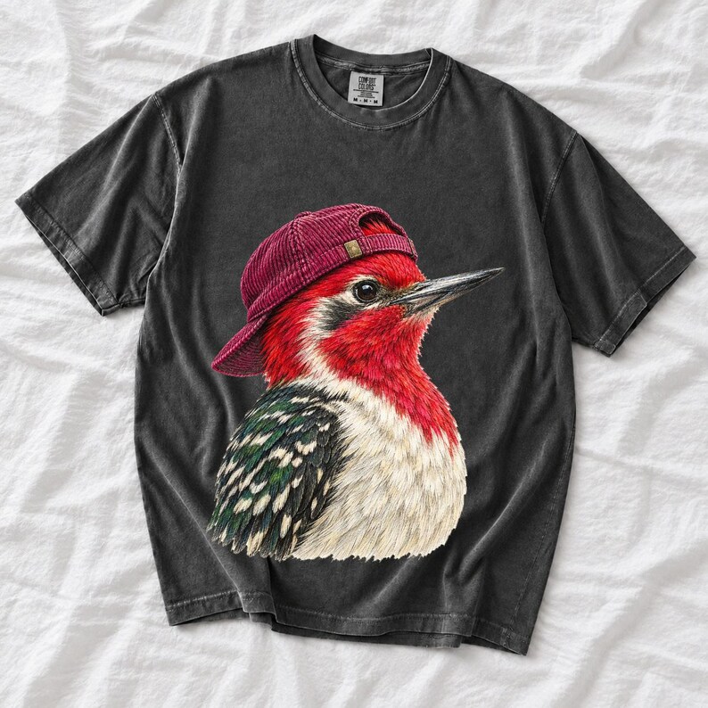 Colored-pencil red-headed woodpecker in side profile wearing a backwards corduroy cap, funny birder t-shirt graphic