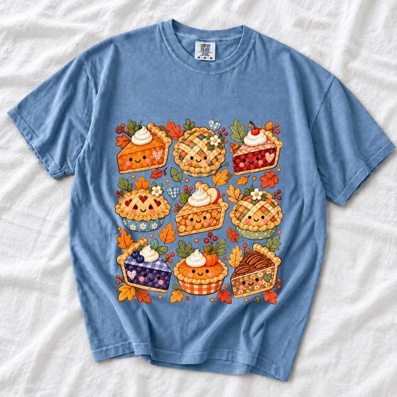 Grid of cute pie slices and mini pies with faces, lattice crusts and autumn leaves in patchwork sticker style