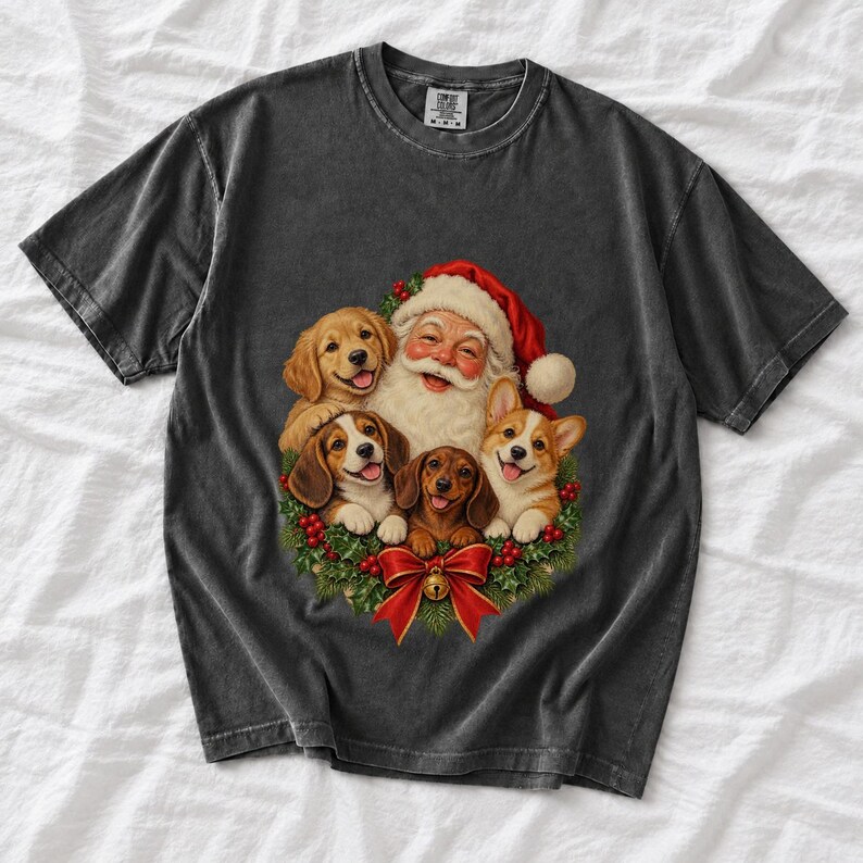 Comfort Colors Santa Puppies Christmas Shirt, Retro Santa Dog Tee, Christmas Dog Lover T-shirt, Dog Mom Santa Shirt Gift