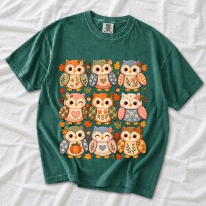 Grid of chubby owls with quilted patchwork wings, acorns and leaves in pumpkin, sage and dusty blue autumn colors