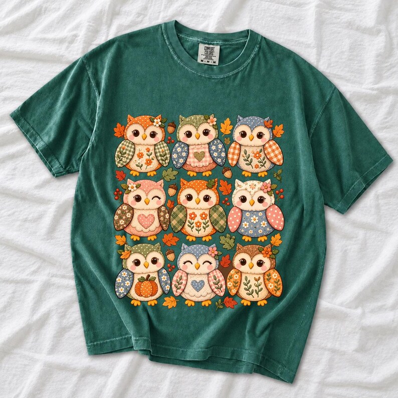 Grid of chubby owls with quilted patchwork wings, acorns and leaves in pumpkin, sage and dusty blue autumn colors