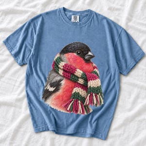 Colored-pencil bullfinch bird wrapped in a chunky striped knit scarf, cozy winter birdwatcher t-shirt art