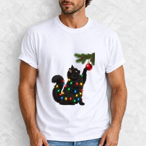 Comfort Colors Black Cat Christmas Shirt, Funny Cat Ornament Tee, Black Cat Christmas Lights T-shirt, Cat Mom Holiday Shirt
