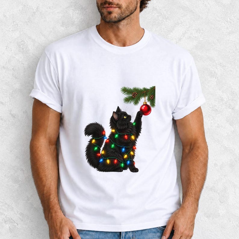 Comfort Colors Black Cat Christmas Shirt, Funny Cat Ornament Tee, Black Cat Christmas Lights T-shirt, Cat Mom Holiday Shirt