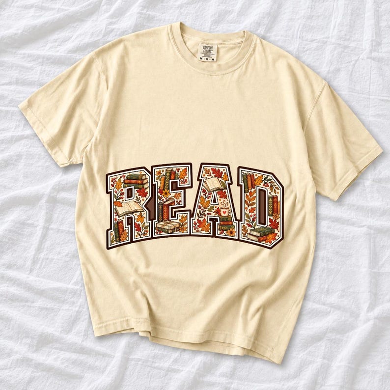 Arched varsity word READ filled with tiny books and autumn leaves in cream, rust and mustard