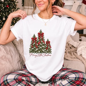 Comfort Colors Christmas Tree Bow Shirt, Coquette Christmas Tree Tee, Snowy Pine Tree T-shirt, Red Bow Christmas Shirt Women