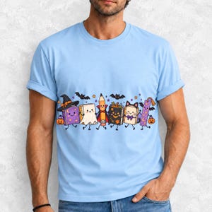 Kawaii books, pencil and bookmark with faces in Halloween costumes, pastel purple and orange