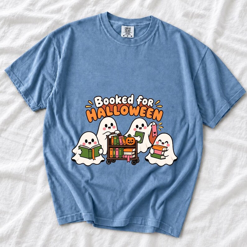 Four kawaii ghosts with books, a library cart and bookmarks, text Booked for Halloween
